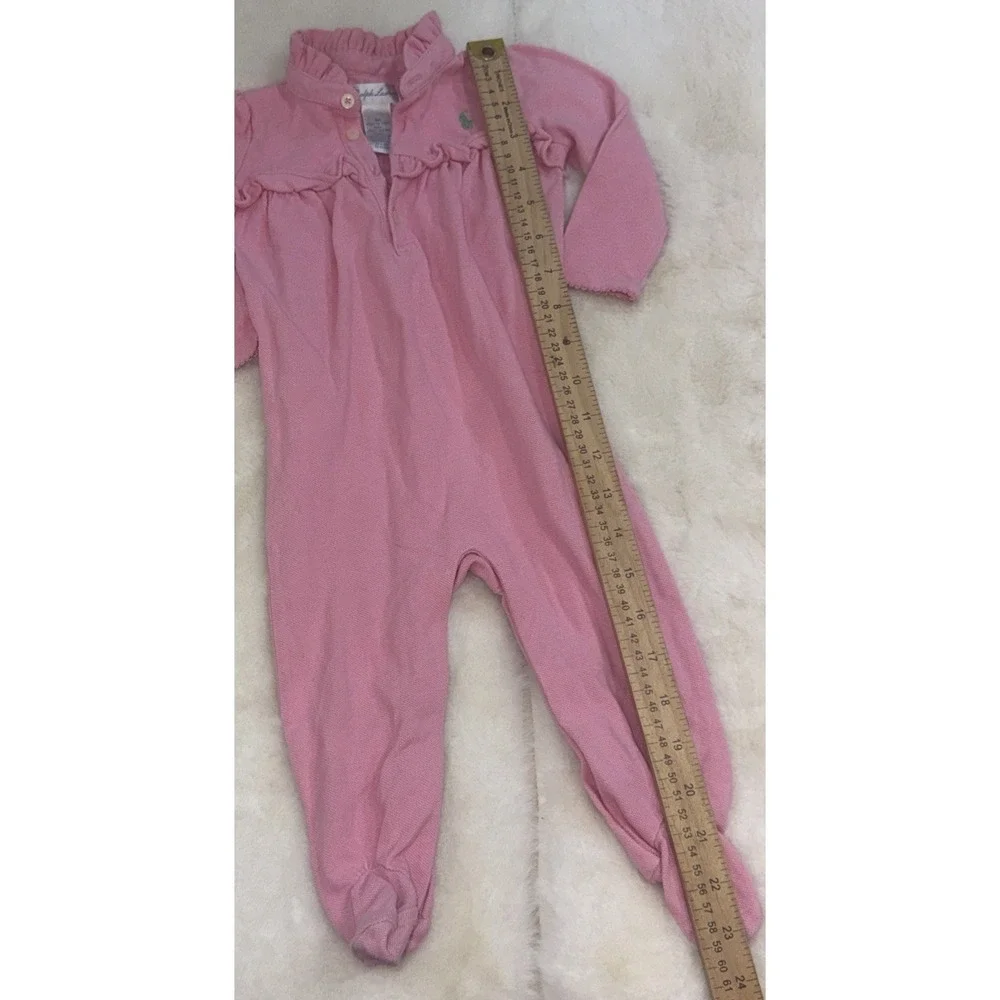 Ralph Lauren Baby Girl Pink Ruffle Collar Footed Pajama Outfit Cotton Sleeper 9M